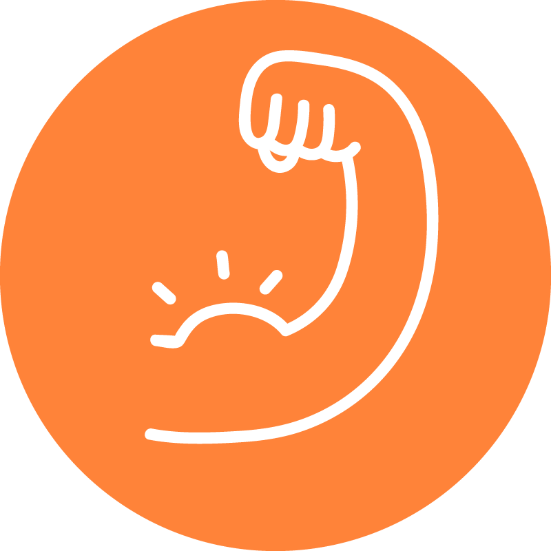 Eine comicartige Illustration in einem orangenen Kreis von einem Arm, der seinen Bizeps anspannt.